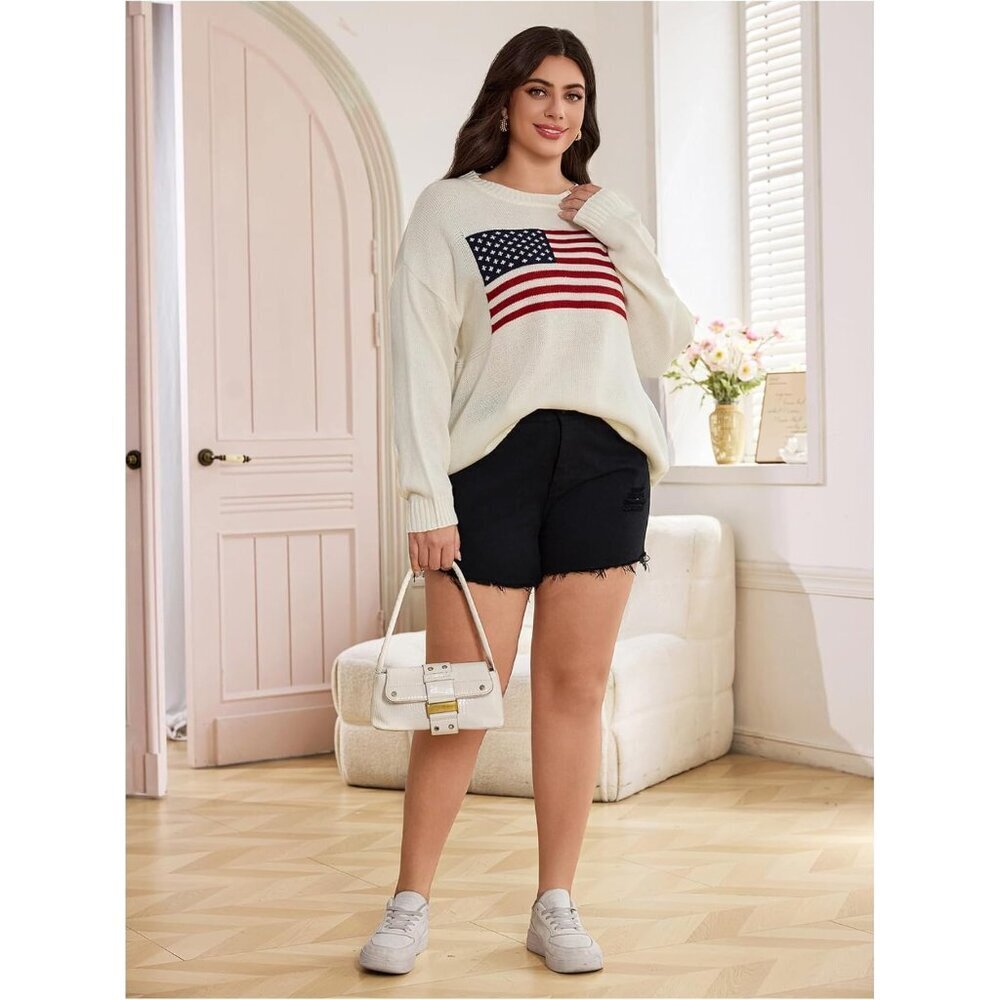 Plus Size American Flag Sweater Women's Long Sleeve Knit Crew Neck - Picture 5 of 5